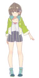 Rule 34 | 10s, 1girl, aqua footwear, bare legs, body blush, booota, brown eyes, brown hair, brown shorts, collarbone, expressionless, eyes visible through hair, fish hair ornament, footwear request, full body, gradient eyes, green footwear, green jacket, hair ornament, himote house, himote kokoro, hood, hooded jacket, jacket, legs apart, looking at viewer, multicolored eyes, multicolored footwear, official art, open hands, paw print, pigeon-toed, pink shirt, print jacket, shirt, shirt tucked in, short hair, short shorts, shorts, solo, standing, striped clothes, striped shorts, transparent background, vertical-striped clothes, vertical-striped shorts, white footwear, white shirt, yellow eyes