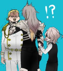 Rule 34 | !?, 3boys, asphyxiation, black dress, blonde hair, dress, expressionless, fate/apocrypha, fate (series), from behind, gordes musik yggdmillennia, long hair, long sleeves, male focus, multiple boys, shaded face, short hair, sieg (fate), siegfried (fate), silver hair, simple background, standing, strangling, surprised, yuko (taxidermy)