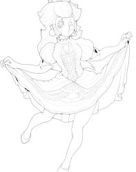 Rule 34 | 1girl, clothes lift, crown, curtsey, dress, dress lift, earrings, elbow gloves, gloves, greyscale, jewelry, koki (ryoushikiha), legs, mario (series), monochrome, nintendo, one eye closed, princess peach, simple background, sketch, solo, super mario bros. 1, white background, wink