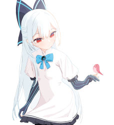 Rule 34 | 1girl, animal, animal ears, animal on hand, beijuu, bird, blue bow, blue nails, bow, closed mouth, dress, elbow gloves, fingerless gloves, fingernails, frills, girls&#039; frontline, gloves, grey background, grey bow, grey gloves, hair bow, long hair, nail polish, partially fingerless gloves, puffy sleeves, red eyes, simple background, smile, striped clothes, striped gloves, tokarev (girls&#039; frontline), turtleneck, white dress, white hair