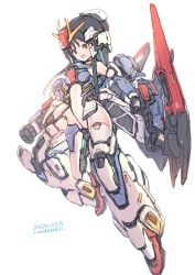 Rule 34 | 1girl, artist name, black hair, blue eyes, boots, breasts, clenched hands, dated, extra arms, gundam, highres, leotard, long hair, looking down, mecha musume, medium breasts, armored boots, personification, rondo bell, solo, thigh boots, thighhighs, v-fin, white leotard, zeta gundam, zeta gundam (mobile suit)