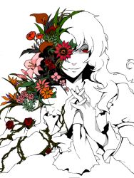 Rule 34 | 1girl, ann606, ascot, bird of paradise flower, carnation, colored eyelashes, eyelashes, female focus, flower, flower request, kazami yuuka, kazami yuuka (pc-98), lily (flower), long hair, monochrome, monster girl, mystic square, own hands clasped, own hands together, plant girl, puffy sleeves, red eyes, red flower, red rose, rose, smile, smirk, solo, spot color, tegaki, touhou, touhou (pc-98)