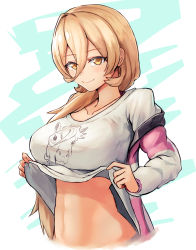 Rule 34 | 1girl, blush, breasts, closed mouth, clothes lift, jacket, large breasts, lifted by self, light brown hair, long hair, looking at viewer, midriff, moppo, nijisanji, nui sociere, nui sociere (2nd costume), off shoulder, pink jacket, print shirt, shirt, shirt lift, simple background, smile, solo, upper body, very long hair, virtual youtuber, white shirt, yellow eyes
