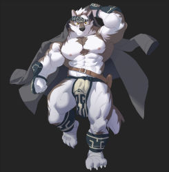 Rule 34 | 1boy, abs, ainu clothes, animal ears, bandaged foot, bandages, bara, bare pectorals, belt, brown belt, bulge, chest hair, full body, furry, furry male, grey fur, grey hair, headband, horkeu kamui, jacket, jacket on shoulders, large pectorals, male focus, multicolored hair, muscular, muscular male, navel, nipples, no shirt, pectorals, pelvic curtain, rollingstonex6, short hair, solo, stomach, tail, thick thighs, thighs, tokyo houkago summoners, two-tone fur, two-tone hair, white fur, wolf boy, wolf ears, wolf tail, yellow eyes