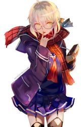 Rule 34 | 1girl, artoria pendragon (all), artoria pendragon (fate), astarone, blonde hair, braid, chocolate, coat, fate/grand order, fate (series), garter straps, glasses, mysterious heroine x alter (fate), mysterious heroine x alter (first ascension) (fate), saber (fate), scarf, school uniform, skirt, solo, thighhighs, winter clothes, winter coat, yellow eyes