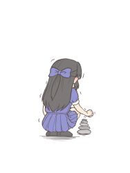 Rule 34 | 1girl, back, black footwear, black hair, blue bow, blue shirt, blue skirt, blush, bow, commentary request, ear blush, facing away, from behind, hair bow, half updo, highres, holding, holding rock, idolmaster, idolmaster cinderella girls, lace-trimmed sleeves, lace trim, motion lines, pleated skirt, puffy short sleeves, puffy sleeves, rock, rock balancing, shirt, short sleeves, simple background, skirt, skirt set, solo, squatting, straight hair, tachibana arisu, trembling, white background, yuzu-p