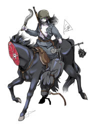 Rule 34 | 1girl, black hair, black horse, bolt action, breasts, cavalry, espedraws, full body, green eyes, gun, hat, headless, helmet, highres, holding, holding sword, holding weapon, horseback riding, long hair, long sleeves, military, military hat, military uniform, mosin-nagant, open clothes, original, riding, rifle, sickle, simple background, solo, sword, uniform, weapon, white background, zombie