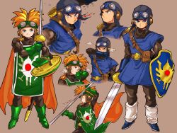 Rule 34 | 2boys, belt, black bodysuit, blue eyes, blue gloves, blue headwear, blue tunic, bodysuit, boots, cape, closed mouth, commentary request, cousins, cropped torso, dragon quest, dragon quest ii, fighting stance, full body, gloves, goggles, goggles on headwear, green footwear, green gloves, green tabard, highres, holding, holding polearm, holding shield, holding sword, holding weapon, looking at viewer, male focus, multiple boys, multiple views, orange cape, orange hair, polearm, prince, prince of lorasia, prince of samantoria, saitou piyoko, shield, shoulder belt, simple background, spiked hair, standing, sword, tabard, turtleneck, upper body, weapon