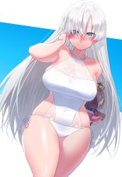 Rule 34 | 1girl, anastasia (fate), bare shoulders, blue eyes, blush, breasts, fate/grand order, fate (series), hair over one eye, highres, large breasts, long hair, looking at viewer, one-piece swimsuit, onsoku inu, silver hair, swimsuit, thighs, very long hair, viy (fate), white one-piece swimsuit
