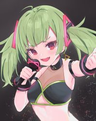 Rule 34 | 1girl, :d, ahoge, armpits, bare shoulders, black choker, black shirt, bracelet, breasts, choker, cleavage cutout, clothing cutout, crop top, delutaya, fangs, green hair, hair ornament, highres, holding, indie virtual youtuber, jewelry, long hair, looking at viewer, microphone, midriff, open mouth, red eyes, shin murasame, shirt, sleeveless, sleeveless shirt, small breasts, smile, solo, twintails, upper body, v-shaped eyebrows, virtual youtuber
