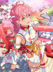 Rule 34 | 1girl, absurdres, bow, breasts, bridal garter, bridge, cherry blossoms, detached sleeves, dress, floral print, flower, folded fan, folding fan, green eyes, hair between eyes, hand fan, highres, holding, holding fan, hololive, long hair, long sleeves, looking at viewer, medium breasts, outdoors, parted lips, pink flower, pink hair, rasa k, ribbon-trimmed sleeves, ribbon trim, sakura miko, sakura miko (1st costume), sideways glance, single thighhigh, solo, standing, thigh strap, thighhighs, virtual youtuber, white dress, white thighhighs, yellow bow