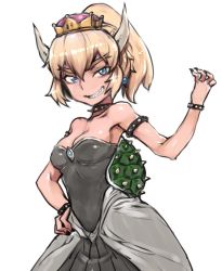Rule 34 | 1girl, abaratani kurou, armlet, bare shoulders, black collar, black dress, black nails, blonde hair, blue eyes, borrowed design, bowsette, bracelet, breasts, brooch, cleavage, collar, commentary, crown, dress, earrings, evil grin, evil smile, fingernails, grin, hand on own hip, highres, horns, jewelry, looking at viewer, mario (series), medium breasts, medium hair, nail polish, new super mario bros. u deluxe, nintendo, pointy ears, sharp fingernails, sharp teeth, short ponytail, simple background, smile, solo, spiked armlet, spiked bracelet, spiked collar, spiked shell, spikes, standing, strapless, strapless dress, super crown, teeth, turtle shell, white background