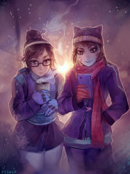 Rule 34 | 2girls, artist name, beanie, black-framed eyewear, blue coat, blue gloves, brown eyes, brown hair, casual, cellphone, closed mouth, coat, commentary, cup, d.va (overwatch), face, facial mark, gloves, hair ornament, hairpin, hand in pocket, hat, highres, holding, holding cup, holding phone, charm (object), long hair, long sleeves, looking at phone, making-of available, matilda fiship, mei (overwatch), multiple girls, overwatch, overwatch 1, pantyhose, phone, rectangular eyewear, red gloves, red scarf, scarf, short hair, smartphone, smile, standing, steam, whisker markings, white legwear