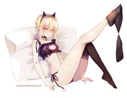 Rule 34 | 1girl, 2016, animal ears, artoria pendragon (all), artoria pendragon (fate), ass, astarone, bell, black bra, black panties, black thighhighs, blonde hair, bra, breasts, cat ears, cat lingerie, choker, cleavage, dated, fate/stay night, fate (series), looking at viewer, meme attire, navel, neck bell, pale skin, panties, pillow, saber (fate), saber alter, simple background, sitting, small breasts, solo, thighhighs, thighhighs pull, twitter username, underwear, weapon, yellow eyes