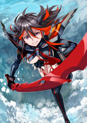 Rule 34 | 10s, 1girl, black hair, blue eyes, boots, breasts, elbow gloves, garter straps, gloves, grin, highres, kill la kill, large breasts, lips, matoi ryuuko, multicolored hair, realmbw, red hair, revealing clothes, scissor blade (kill la kill), senketsu, short hair, smile, solo, sword, symbol-shaped pupils, thigh boots, thighhighs, two-tone hair, underboob, weapon