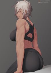 Rule 34 | 1girl, arms at sides, ass, black bra, black pants, blazblue, bra, breasts, bullet (blazblue), closed mouth, commentary request, dark-skinned female, dark skin, from behind, grey background, highres, large breasts, looking at viewer, looking back, midriff, muscular, pants, profile, putcher, scar, scar on face, scar on nose, short hair, silver hair, sitting, solo, sports bra, toned, underwear, watch, watermark, web address, yellow eyes, yoga pants
