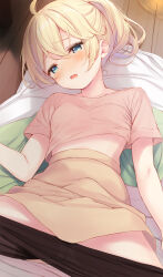 1girl blonde_hair blue_eyes blush breasts clothes_pull esia_mariveninne_(komone_ushio) high_ponytail highres komone_ushio looking_at_viewer lying open_mouth original pantyhose pantyhose_pull pink_shirt shirt skirt small_breasts solo spread_legs wooden_floor yellow_skirt