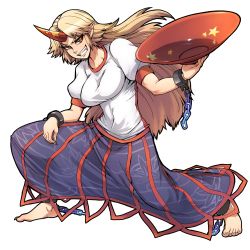 Rule 34 | 1girl, alcohol, ankle cuffs, barefoot, blonde hair, breasts, chain, claws, cuffs, cup, feet, female focus, fingernails, full body, grin, highres, horns, hoshiguma yuugi, large breasts, long fingernails, long hair, matsumoto tomoyohi, muscular, pointy ears, red eyes, sakazuki, sake, single horn, skirt, smile, solo, touhou, transparent background