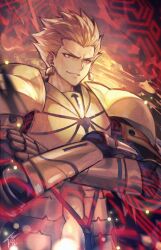 Rule 34 | 1boy, armor, blonde hair, crossed arms, dynamitenatalia, earrings, fate/zero, fate (series), furrowed brow, gilgamesh (fate), gold armor, jewelry, magic, male focus, parted lips, red eyes, short hair, signature, solo
