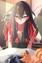 1girl black_hair blurry blurry_foreground blush carmine_(pokemon) closed_eyes closed_mouth colored_inner_hair commentary creatures_(company) crossed_bangs eyelashes game_freak gen_1_pokemon gen_3_pokemon hair_between_eyes highres indoors long_hair loose_hair_strand mole mole_under_eye multicolored_hair ninkou_tan nintendo pokemon pokemon_(creature) pokemon_sv poltchageist poochyena red_hair sitting sleeping squeans symbol-only_commentary two-tone_hair vulpix yellow_eyes