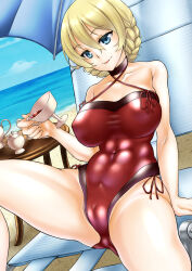 Rule 34 | 1girl, blonde hair, blue eyes, blush, braid, breasts, cameltoe, criss-cross halter, cup, darjeeling (girls und panzer), girls und panzer, halterneck, holding, holding cup, large breasts, looking at viewer, ocean, one-piece swimsuit, shiromitsu suzaku, short hair, solo, swimsuit, tea