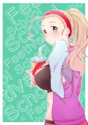 Rule 34 | 1girl, absurdres, ahoge, alternate hairstyle, alternate headwear, artist name, text background, black sports bra, blonde hair, border, brown eyes, commentary request, cup, dated, disposable cup, drinking straw, english text, from side, girls und panzer, green background, hair pulled back, hair up, headband, highres, holding, holding cup, itsumip, jacket, long hair, long sleeves, looking at viewer, open clothes, open jacket, outline, parted lips, partial commentary, ponytail, purple jacket, red headband, sasaki akebi, signature, sleeves rolled up, solo, sports bra, white border, white outline, wiping sweat