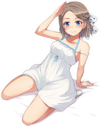 Rule 34 | 10s, 1girl, alternate hairstyle, arm support, bare arms, bare legs, bare shoulders, blue eyes, bow, brown hair, dress, forehead, foreshortening, frilled dress, frills, full body, hair bow, hair ornament, hairclip, half updo, highres, leaning back, looking at viewer, love live!, love live! sunshine!!, nanotsuki, polka dot, polka dot bow, salute, seiza, shoes, short hair, simple background, sitting, smile, solo, strap slip, sundress, watanabe you, white background