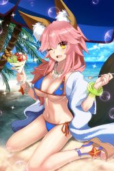 Rule 34 | 1girl, animal ear fluff, animal ears, bare shoulders, beach, bikini, blue bikini, blue sky, bow, bracelet, breasts, cleavage, cloud, collarbone, cup, day, drinking glass, ears through headwear, fate/grand order, fate (series), food, fox ears, fox girl, fox tail, groin, hat, hat bow, highres, holding, holding spoon, horizon, ice cream, jewelry, large breasts, long hair, looking at viewer, navel, ocean, one eye closed, outdoors, pink hair, pocky, sandals, side-tie bikini bottom, sitting, sky, solo, spoon, sun hat, sunlight, swimsuit, tail, tamamo (fate), tamamo no mae (fate/extra), tamamo no mae (swimsuit lancer) (fate), tamamo no mae (swimsuit lancer) (third ascension) (fate), uiu, wariza, white hat, yellow eyes
