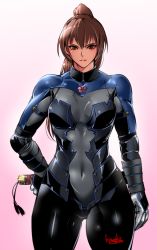 Rule 34 | 1girl, artist name, bodysuit, bowalia, breasts, brown eyes, brown hair, covered navel, dead or alive, dead or alive 6, gloves, hair ribbon, high ponytail, kasumi (doa), muscular, muscular female, ninja, ponytail, ribbon, sheath, sheathed, skin tight, solo, thighs, weapon, weapon on back, white gloves