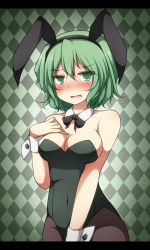 Rule 34 | 1girl, animal ears, argyle, argyle background, argyle clothes, bare shoulders, blush, bow, bowtie, breast suppress, breasts, cleavage, creta (taku10), detached collar, embarrassed, green eyes, green hair, large breasts, leotard, looking at viewer, matching hair/eyes, open mouth, pantyhose, playboy bunny, rabbit ears, short hair, smile, soga no tojiko, solo, touhou, wrist cuffs