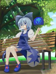 Rule 34 | circled 9, 1girl, animated, animated png, bench, blinking, blue eyes, blue footwear, blue hair, blue sky, blush, bow, cirno, cloud, cloudy sky, day, dress, dress shirt, dripping, eating, hand fan, food, food in mouth, frown, hair bow, hot, huge filesize, ice cream, leaf, light, light particles, light rays, matching hair/eyes, md5 mismatch, mouth hold, no wings, outdoors, paper fan, park, park bench, popsicle, puffy short sleeves, puffy sleeves, ribbon, rurikitsune, shirt, footwear ribbon, shoes, short hair, short sleeves, sitting, sky, solo, summer, sweat, touhou, tree, uchiwa, ugoira, white shirt