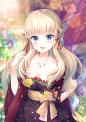 Rule 34 | 1girl, 92m, blonde hair, blue eyes, blunt bangs, blush, bow, breasts, dress, hair bow, hair ornament, highres, large breasts, long hair, looking at viewer, open mouth, princess connect!, saren (christmas) (princess connect!), saren (princess connect!), sash, sidelocks, smile, solo, vesper (pixiv3568), wide sleeves