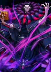 Rule 34 | 1boy, azusa (hws), black background, black hair, book, cape, gilles de rais (caster) (fate), cloak, crazy eyes, fate/grand order, fate (series), fingernails, holding, holding book, jewelry, long fingernails, magic, male focus, official art, open book, pale skin, prelati&#039;s spellbook, resized, ring, robe, simple background, solo, standing, tattoo, uneven eyes, upscaled, waifu2x, wall-eyed