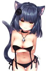 Rule 34 | 1girl, absurdres, animal ear fluff, animal ears, bikini, black bikini, black hair, blunt bangs, blush, breast hold, breasts, cat ears, cat girl, cat tail, cleavage, collarbone, commentary request, cowboy shot, highres, jewelry, long hair, looking at viewer, medium breasts, necklace, omoomomo, original, side-tie bikini bottom, simple background, smile, solo, standing, stomach, swimsuit, tail, untied bikini, white background, yellow eyes