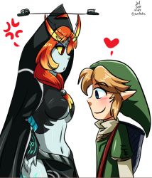 Rule 34 | 1boy, 1girl, angry, blonde hair, blue skin, blush, breasts, colored skin, grin, hat, heart, height difference, link, looking at breasts, medium breasts, midna, midna (true), midriff, nintendo, orange hair, piney, simple background, smile, spoilers, standing, the legend of zelda, the legend of zelda: twilight princess, underboob, white background