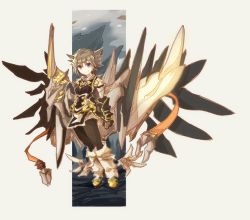 Rule 34 | 1girl, arm at side, brown hair, clenched hand, full body, gauntlets, looking at viewer, pixiv fantasia, pixiv fantasia age of starlight, purple eyes, satou (terzoterzo), simple background, smile, solo, wings