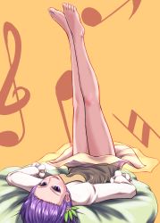 Rule 34 | 1girl, bare legs, barefoot, bean bag chair, blush, breasts, dress, eighth note, feet, feet up, flower, forehead, frilled sleeves, frills, full body, hair flower, hair ornament, highres, legs, legs up, long sleeves, looking at viewer, lying, musical note, nakamura append, on back, open mouth, purple eyes, purple hair, shirt, short dress, simple background, small breasts, smile, solo, toes, touhou, treble clef, tsukumo benben, upside-down, white shirt, yellow background, yellow dress