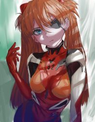 Rule 34 | 1girl, alternate hairstyle, blue eyes, bodysuit, breasts, brown hair, cowboy shot, evangelion: 3.0 you can (not) redo, expressionless, eyepatch, hair ornament, highres, long hair, medium breasts, neon genesis evangelion, pilot suit, plugsuit, rebuild of evangelion, red bodysuit, shiny clothes, simple background, solo, souryuu asuka langley, standing, twintails, very long hair, white background, wide hips, yuki daruma92