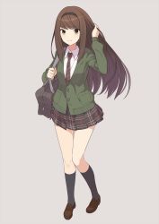 Rule 34 | 1girl, arm up, bag, black hairband, black skirt, black socks, blush, brown footwear, brown hair, cardigan, closed mouth, collared shirt, commentary request, copyright request, duffel bag, full body, hairband, hand in own hair, highres, kneehighs, long hair, long sleeves, miniskirt, necktie, plaid, plaid skirt, pleated skirt, pocket, shirt, skirt, smile, socks, solo, standing, straight hair, striped necktie, striped neckwear, tomioka jirou, very long hair, white shirt, wing collar, yellow eyes, zipper