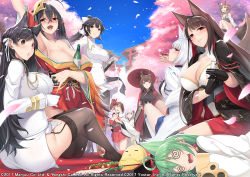 Rule 34 | 6+girls, :d, @ @, akagi (azur lane), akashi (azur lane), amagi (azur lane), animal ear fluff, animal ears, architecture, arm up, ass, atago (azur lane), azur lane, bento, between breasts, black coat, black gloves, black hair, blue eyes, blue skirt, blush, bottle, bow, breasts, brown hair, brown legwear, cat ears, cherry blossoms, cleavage, cleavage cutout, clothing cutout, coat, crossed bangs, cup, dog ears, dress, drinking, drunk, east asian architecture, extra ears, eyeshadow, fang, floral print, flower, fur-trimmed kimono, fur trim, garter straps, gloves, gold trim, green hair, grey hair, hair bow, hair flower, hair ornament, hair ribbon, high ponytail, holding, holding umbrella, huge breasts, in tree, ink stain, jacket, japanese clothes, kaga (azur lane), kimono, kitsune, large breasts, makeup, manjuu (azur lane), mask, mask on head, medium breasts, metal belt, military, military uniform, miniskirt, multiple girls, nakano sora, naval uniform, off shoulder, oil-paper umbrella, open clothes, open coat, open kimono, open mouth, outdoors, pantyhose, petals, purple eyes, purple kimono, red coat, red dress, red eyes, red eyeshadow, red flower, red skirt, red umbrella, ribbon, sakazuki, sakuramon, sheath, sheathed, short hair, shoukaku (azur lane), side ponytail, side slit, sitting, sitting in tree, skirt, small breasts, smile, spiral-only eyes, standing, suzutsuki (azur lane), taihou (azur lane), takao (azur lane), thighhighs, tree, umbrella, uniform, very long sleeves, white bow, white coat, white gloves, white hair, white jacket, white kimono, white skirt, white tail, wide sleeves, yellow eyes, zuikaku (azur lane)