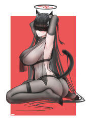 Rule 34 | 1girl, absurdres, animal ears, arm warmers, armpits, arms behind head, arms up, artist logo, ass, black hair, black halo, black panties, black pantyhose, blindfold, blue archive, blush, border, breasts, cat ears, cat tail, chinese commentary, closed mouth, commentary request, fake animal ears, fake tail, feet, from side, hair ornament, hairclip, halo, highres, lace trim, large breasts, long hair, malon (chuan2700), no shoes, outside border, panties, pantyhose, red background, revealing clothes, rio (blue archive), see-through, seiza, sitting, soles, solo, tail, thighband pantyhose, thong, toes, underwear, very long hair, white border