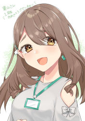 Rule 34 | 1girl, :d, abe suke, absurdres, blush, bow, breasts, brown eyes, brown hair, clothing cutout, copyright request, earrings, grey bow, grey shirt, hair between eyes, highres, jewelry, lanyard, long hair, looking at viewer, medium breasts, mole, mole under eye, open mouth, shirt, shoulder cutout, smile, solo, thick eyebrows, translation request, virtual youtuber