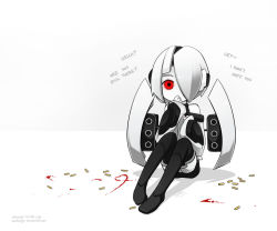 Rule 34 | 1girl, android, artist name, blood, cartridge, covering own mouth, english text, glowing, glowing eye, hand over own mouth, heart, mecha, mecha musume, pale skin, personification, portal, portal (series), portal 1, portal 2, red eyes, robot, sandragh, sentry turret (portal), shadow, simple background, white background, white hair
