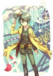 Rule 34 | 00s, 1girl, abstract background, androgynous, belt, black hair, blue eyes, coat, formal, fur hat, goggles, goggles on headwear, green eyes, grey hair, hat, holster, horuwami, howabura, jacket, kino (kino no tabi), kino no tabi, petals, pouch, reverse trap, short hair, solo, suit, trench coat