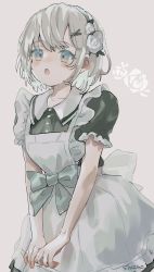 Rule 34 | 1girl, :o, apron, black dress, blue bow, blush, bow, collared dress, commentary request, dress, flower, frilled apron, frills, grey background, grey eyes, grey hair, hair flower, hair ornament, hairclip, highres, maid, maid apron, open mouth, original, puffy short sleeves, puffy sleeves, rose, sha2mo, short sleeves, solo, white apron, white flower, white rose