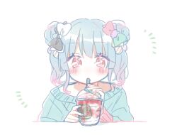 Rule 34 | 1girl, black bow, blue hair, blush, bow, cha ipride, cup, disposable cup, double bun, drink, drinking, drinking straw, gradient hair, green nails, green shirt, hair between eyes, hair bow, hair bun, highres, holding, holding drink, hyodou shizuku, idoly pride, long bangs, long sleeves, looking at viewer, multicolored hair, nail polish, notice lines, pink hair, red eyes, ribbed shirt, shirt, sidelocks, simple background, solo, straight-on, twintails, two-tone bow, upper body, white background, white bow