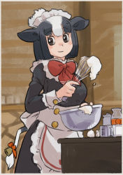 Rule 34 | 1girl, absurdres, alternate costume, animal ears, apron, back bow, bell, black dress, black hair, blush, bow, bowl, bowtie, collar, commentary request, cooking, cow ears, cow girl, cow tail, dress, frilled apron, frilled collar, frills, hair bow, hair bun, highres, holstein friesian cattle (kemono friends), kemono friends, kemono friends 3, long dress, long sleeves, multicolored hair, orange bow, red bow, red bowtie, short hair, single hair bun, solo, tail, tail bell, tail bow, tail ornament, toriny, two-tone hair, whipped cream, whisk, white apron