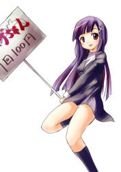 Rule 34 | 00s, 1girl, cross, holding, holding sign, kannagi, purple hair, red eyes, sign, solo, zange