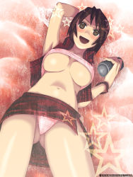 Rule 34 | 1girl, breasts, brown eyes, brown hair, can, from below, large breasts, meiko (vocaloid), midriff, navel, panties, pantyshot, raichi (litchixlitchi), skirt, smile, solo, underboob, underwear, upskirt, vocaloid, yamaha