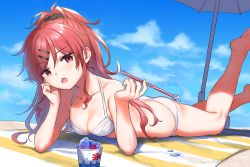Rule 34 | 1girl, :o, ass, bare arms, bare shoulders, barefoot, beach mat, beach umbrella, bikini, breasts, butt crack, cheek rest, chigusa asuha, cleavage, cloud, cup, day, disposable cup, drinking straw, fang, feet, food, hair ornament, hair scrunchie, hairclip, halterneck, hands up, holding, holding drinking straw, ice cream, legs up, long hair, looking at viewer, lying, medium breasts, on stomach, open mouth, outdoors, ponytail, qualidea code, red eyes, red hair, scrunchie, sekiya asami, shaved ice, sidelocks, sky, solo, string bikini, swimsuit, thighs, umbrella, white bikini